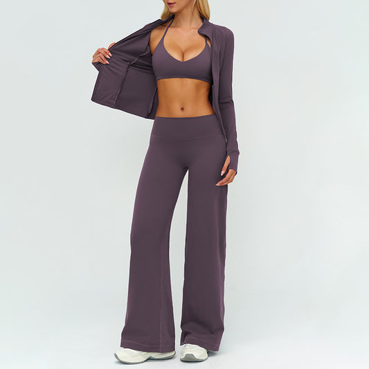 Stand collar zipper jacket + Backless sports bra + high-waisted loose wide-leg pants 3-piece set