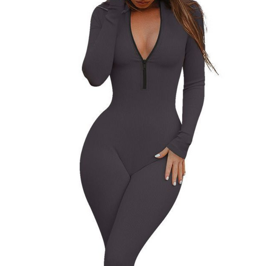 Wholesale Open-collar zip-up long-sleeve jumpsuit | Wonderxfans bulk activewear