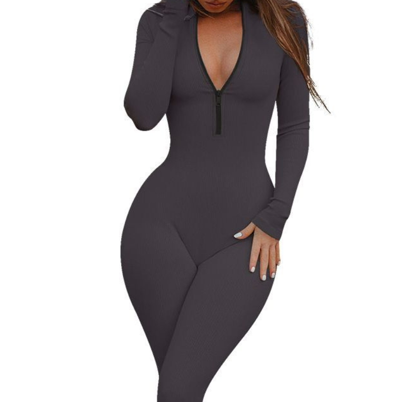 Open-collar zip-up long-sleeve jumpsuit