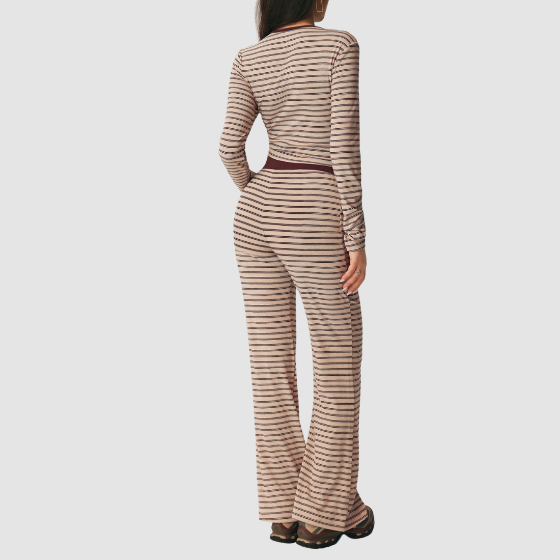 Wholesale Women's Striped Long-Sleeve Top+Wide-Leg Yoga Pants 2-Piece Set