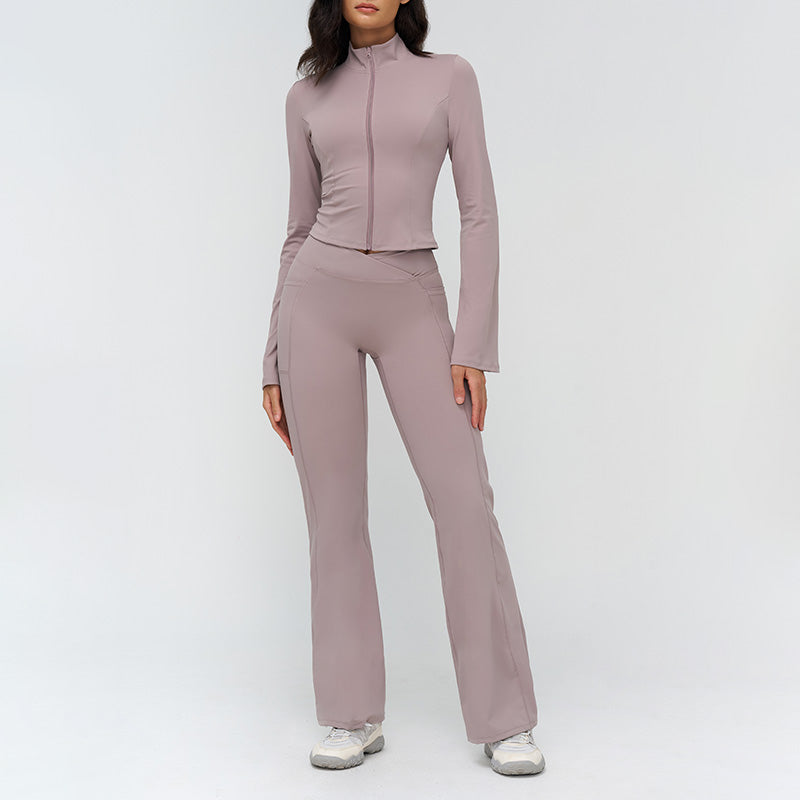 Stand-up collar yoga jacket + nude high-waisted flared pants 2-piece set