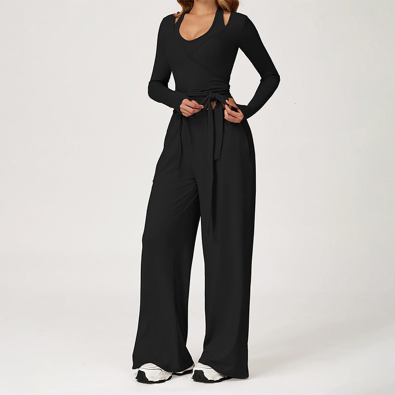 V-neck crop top+Open-back sleeveless crop+HIGH WAIST LEGGINGS 3-PIECE SET