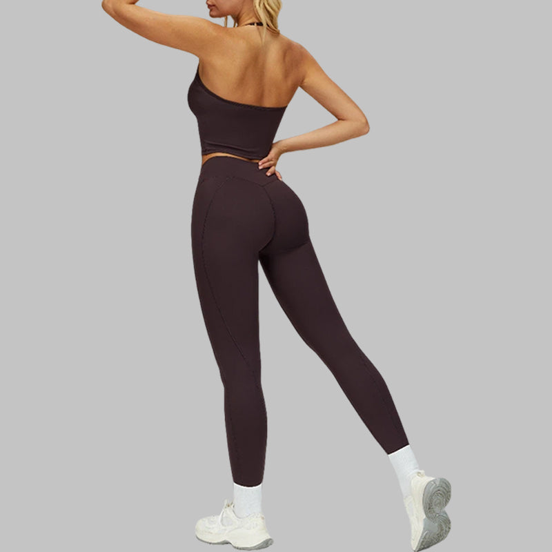 Removable padding sports bra+Pleated waistband sport leggings 2-piece set