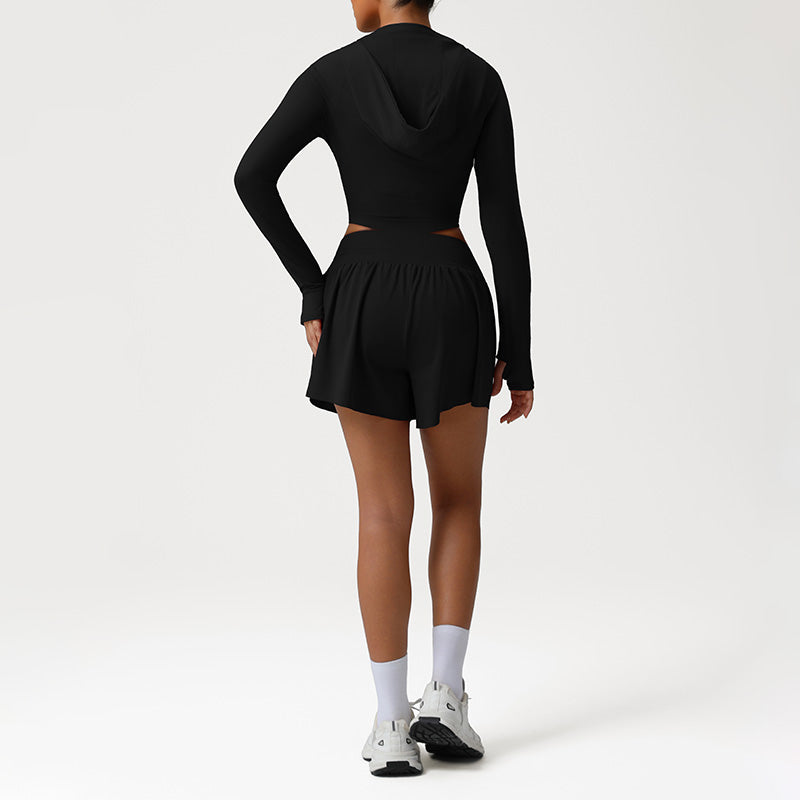 Snug-Fit Naked-Feel Hooded Jacket + High-waisted Loose Drawstring Shorts 2-Piece Set