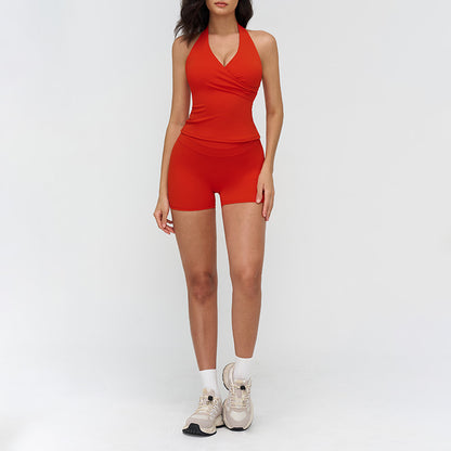 Halter neck backless tank top + high-waisted shorts 2-piece set