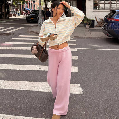 Wholesale Women's Sweaters Striped Stand-Collar Zip Knit Top & Flared Pants Set