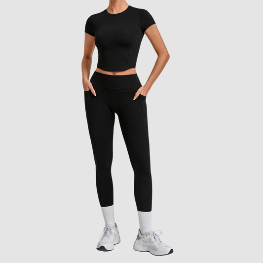Wholesale Women's Naked-Feel Short Sleeve Top + High-Waist Leggings Set – Peach Lift Yoga Fitness Activewear