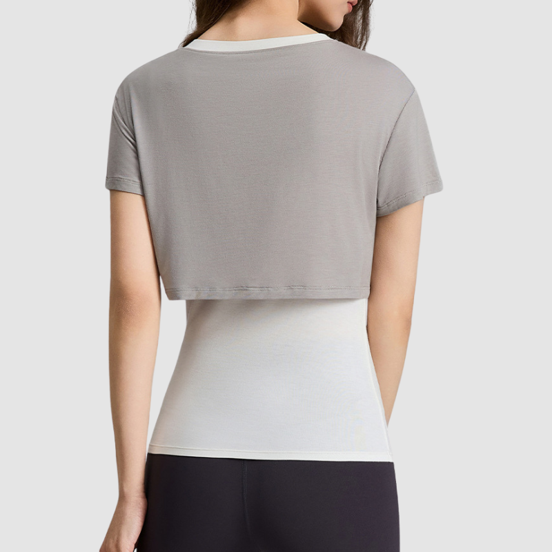 Wholesale Women's Color-Block Faux Two-Piece Yoga Short-Sleeve Top