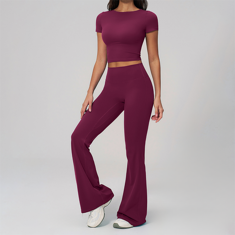 Wholesale Seam-Detail Cropped T-Shirt & Flare Leggings Set – Brushed Yoga 2-Piece