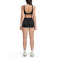Contrasting color open-back bra + high-waisted contrasting shorts 2-piece set