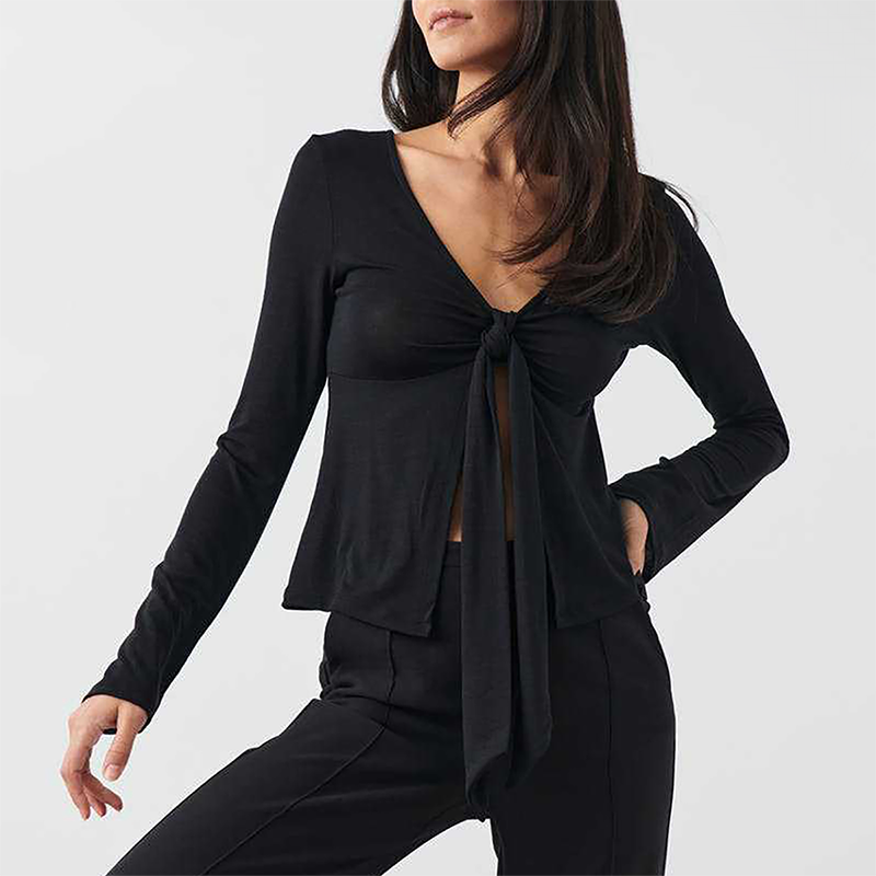 Wholesale Modal-Blend Tie-Front Bow Long-Sleeve Fitted T-Shirt – Elegant Slim-Fit Top