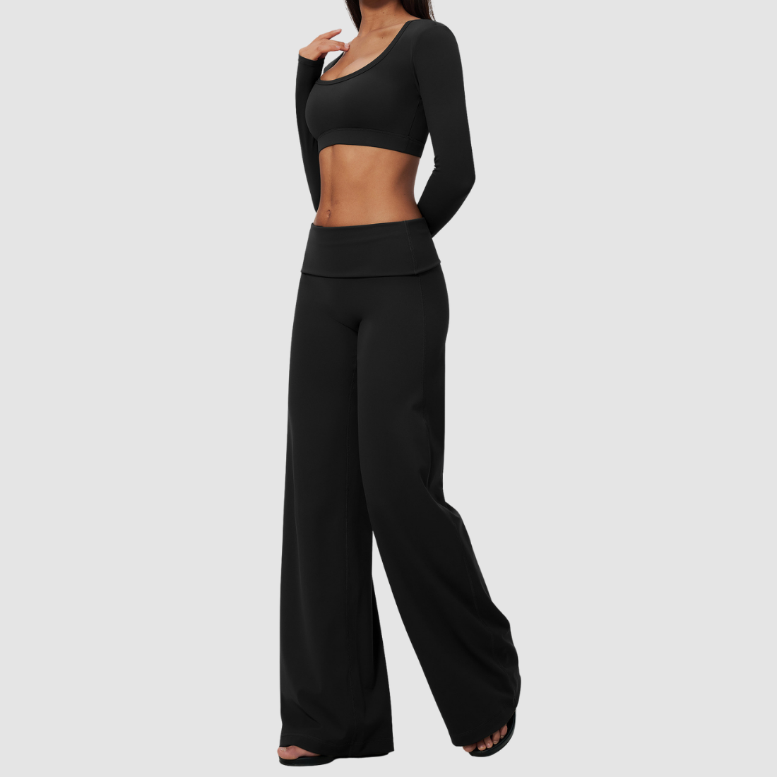 Wholesale Women's Brushed Yoga Set: Long-Sleeve Crop Top & Foldover Wide-Leg Pants