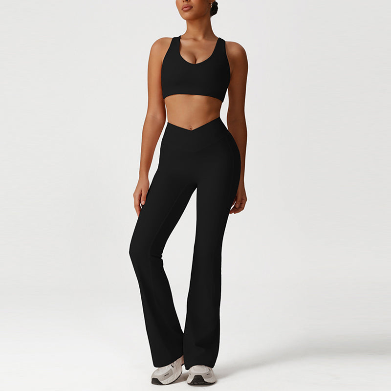 Cross-Back Sports Bra + Flared Leg Pants 2-Piece Set