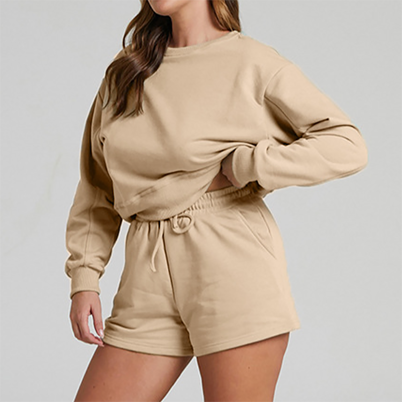 Wholesale solid color long sleeved sweatshirt+shorts set