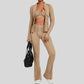 Thumb-buckle zipper jacket + slightly flared pants + sports bra 3-piece set