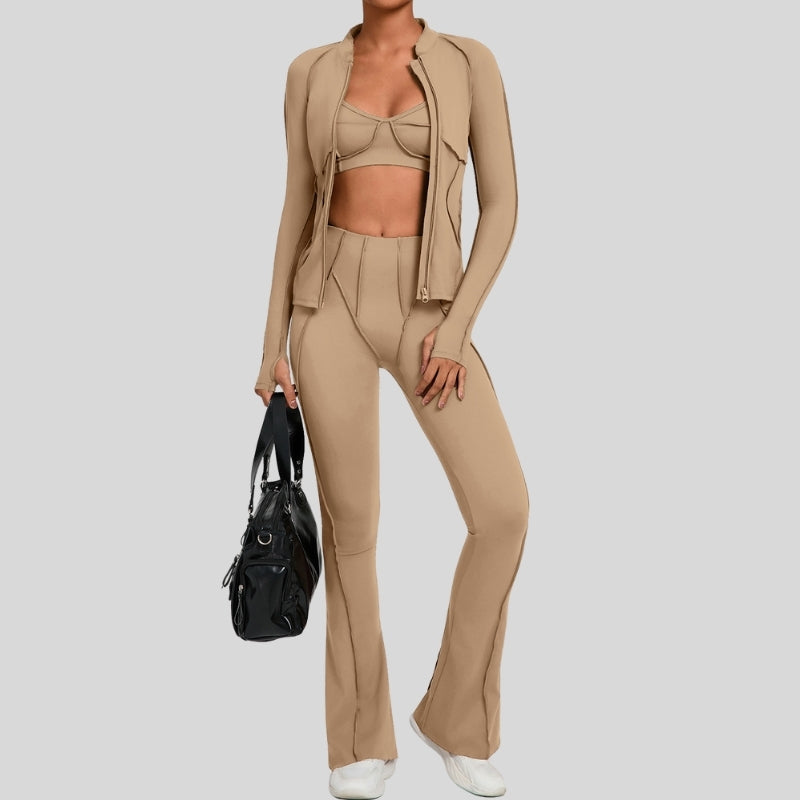 Thumb-buckle zipper jacket + slightly flared pants + sports bra 3-piece set