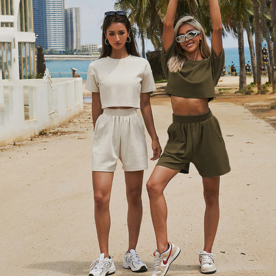 Wholesale Women's Casual Short Sleeve Top & Loose Shorts Athletic Set