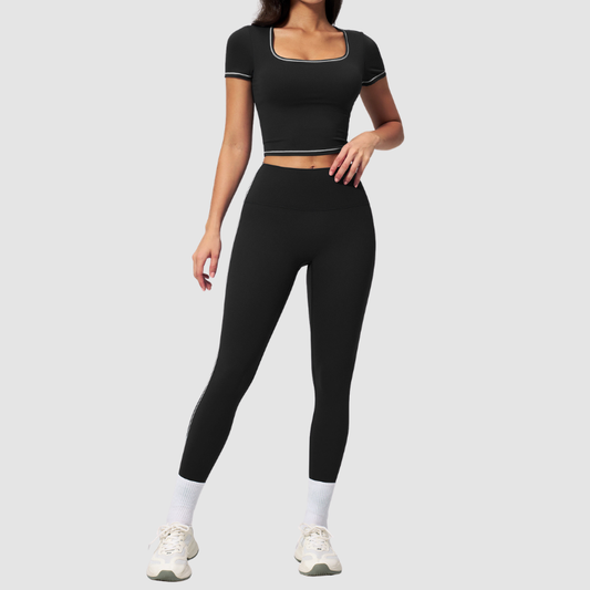 Wholesale Women's Seam-Detail Short Sleeve Crop Top + High-Waist Leggings Set – Butt-Lifting Yoga Gym Activewear