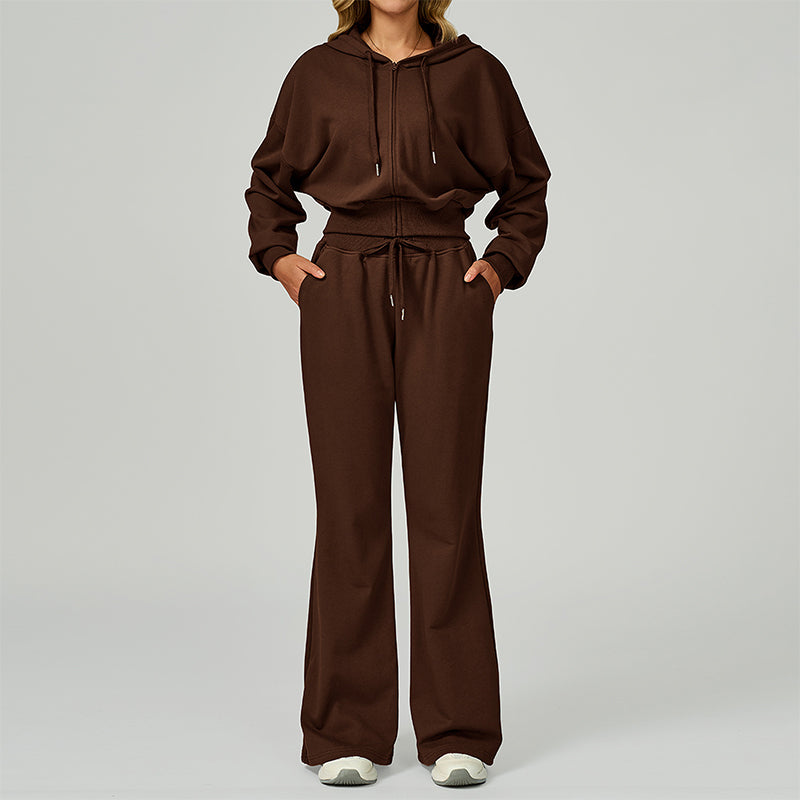 Loose hooded and full zipper Sweatshirt + drawstring Sweatpants 2 pieces set