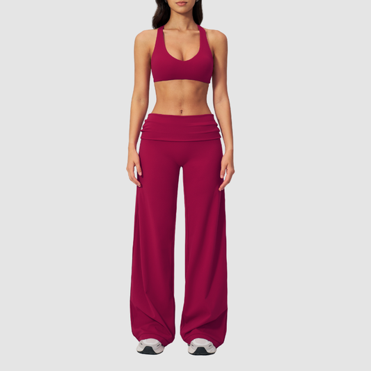 Wholesale Seam-Detail Sports Bra & Fold-up High-Waist Flare Leggings Set
