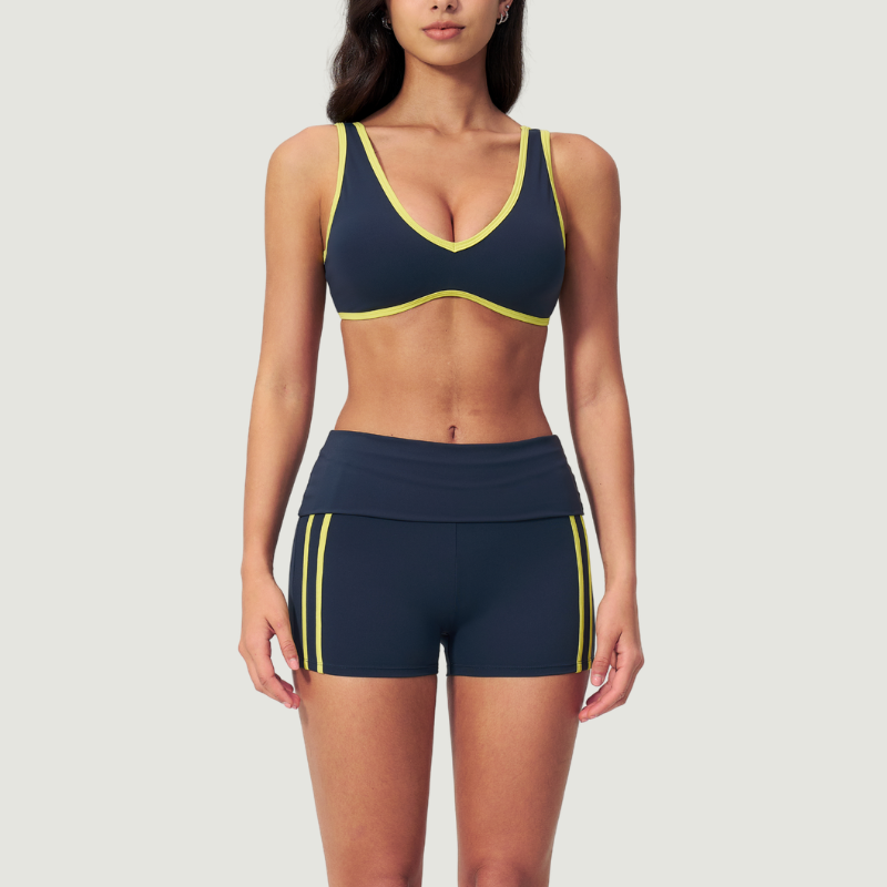 Wholesale Color Block V-Neck Sports Bra & Fold-Up Shorts Set