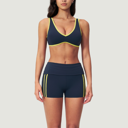 Wholesale Color Block V-Neck Sports Bra & Fold-Up Shorts Set