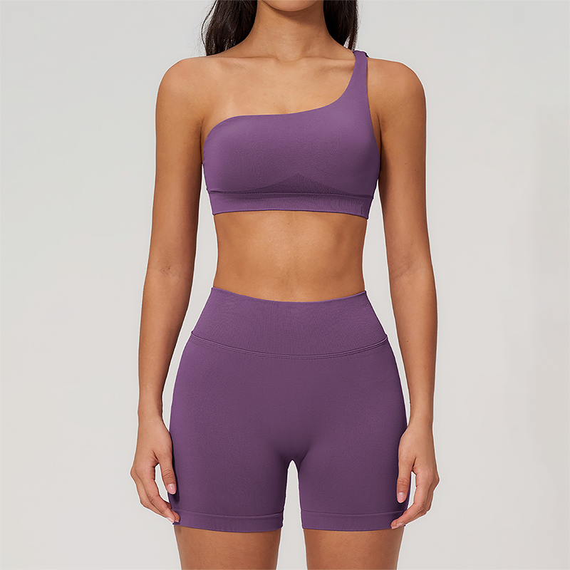 Wholesale Seamless One-Shoulder Sports Bra & High-Waist Biker Shorts Set – Quick-Dry Yoga 2-Piece