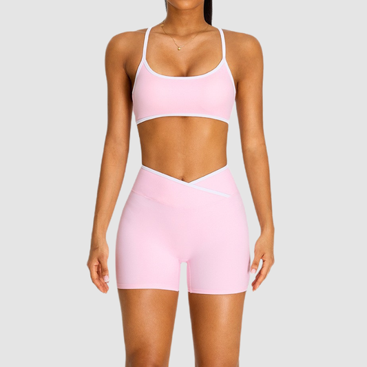 Wholesale Women's Color Block Cross-Back Sports Bra & High-Waist Shorts Set – Naked Feel Yoga Gym Activewear