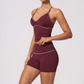 Wholesale Women's Brushed Yoga Set: Halter V-Neck Bra & Shorts – Colorblock Quick-Dry