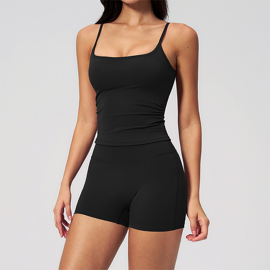 Wholesale Women's Brushed Tank Top & Booty-Lift Shorts Set – Seam-Detail Naked-Feel Yoga 2-Piece Set