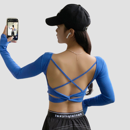 Wholesale Women's Crop Open Back Yoga Long Sleeve Top – Quick-Dry Fitness with Chest Pad