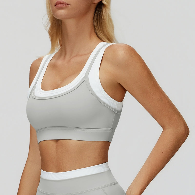 Fake two-piece contrast color stitching sports bra
