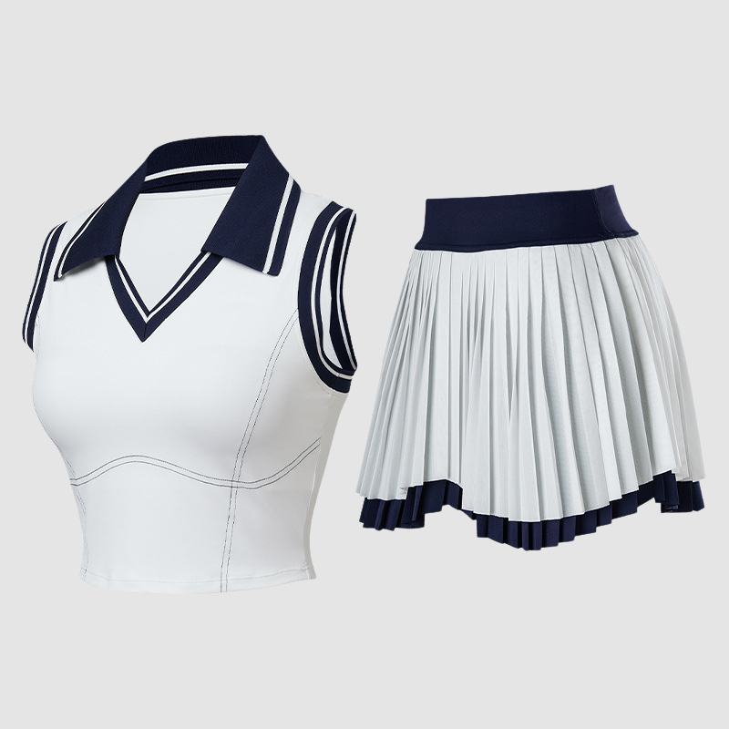Wholesale Women's Sleeveless Tank Top & Double-Layer Pleated Skirt Set – Built-In Bra Anti-Exposure Tennis Golf Outfit