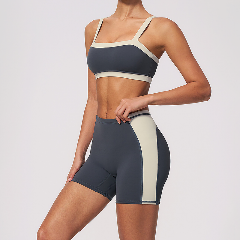 Wholesale Women's Colorblock Bare-Feel Yoga Set Sports Bra & Shorts w/ Chest Pad