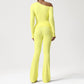 One-Shoulder Long Sleeve top + Crossover Waist Flared Pants 2-Piece Set
