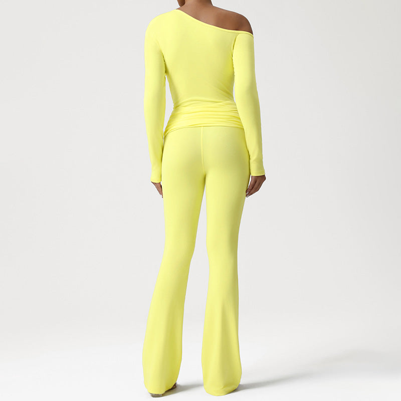 One-Shoulder Long Sleeve top + Crossover Waist Flared Pants 2-Piece Set