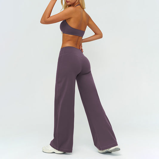 V-neck backless sports bra + high-waisted loose wide-leg pants 2-piece set