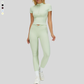 Slim-fit stand-up collar short-sleeved top+Pleated waistband sport leggings 2-piece set