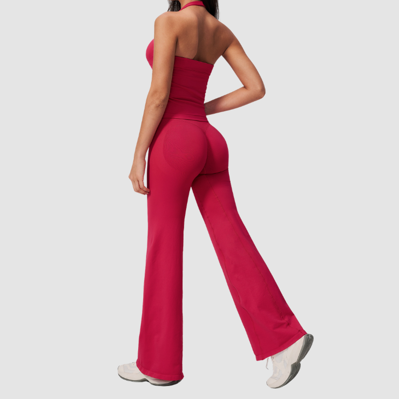 Wholesale Women's V-Neck Halter Sports Bra & Flare Pants Set – Seamless Ribbed Yoga Activewear