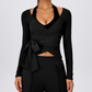 Wholesale Women's Ribbed V-Neck Tie-Front Long-Sleeve Yoga Cardigan