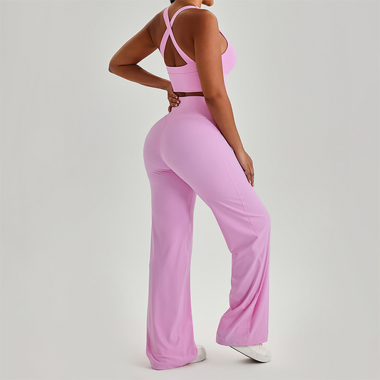 Wholesale Women's Peach Lift High Waist Flare Pants Yoga Set – Cross Back Sports Bra 0258