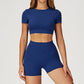 Round-neck short-sleeve high-waist fitted top+High-waist shorts 2-PIECE SET