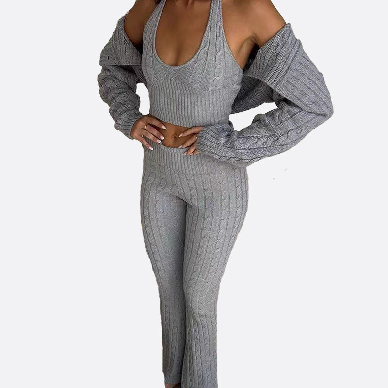 Short Cardigan + U-Neck Vest + Flare Pants