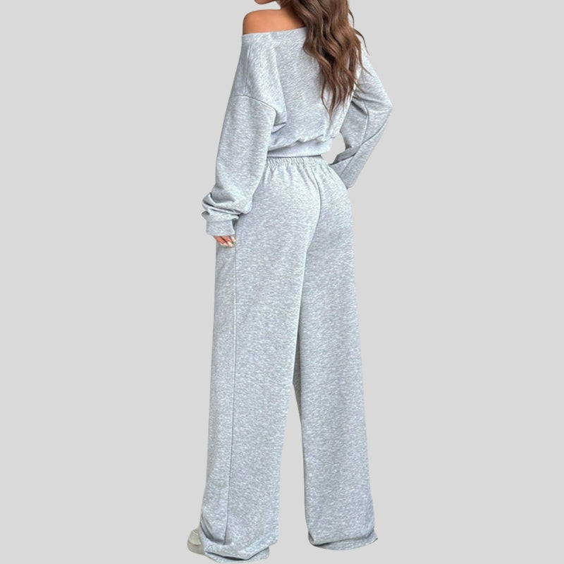 One-shoulder short sweatshirt + drawstring loose sweatpants 2-piece set