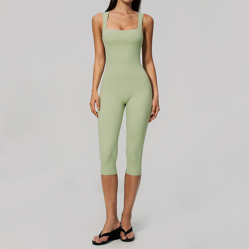 Wholesale Women's Bare-Feel Square Neck Yoga Jumpsuit with Chest Pad & Capri Shorts