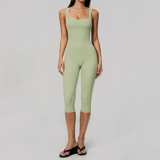 Wholesale Women's Bare-Feel Square Neck Yoga Jumpsuit with Chest Pad & Capri Shorts