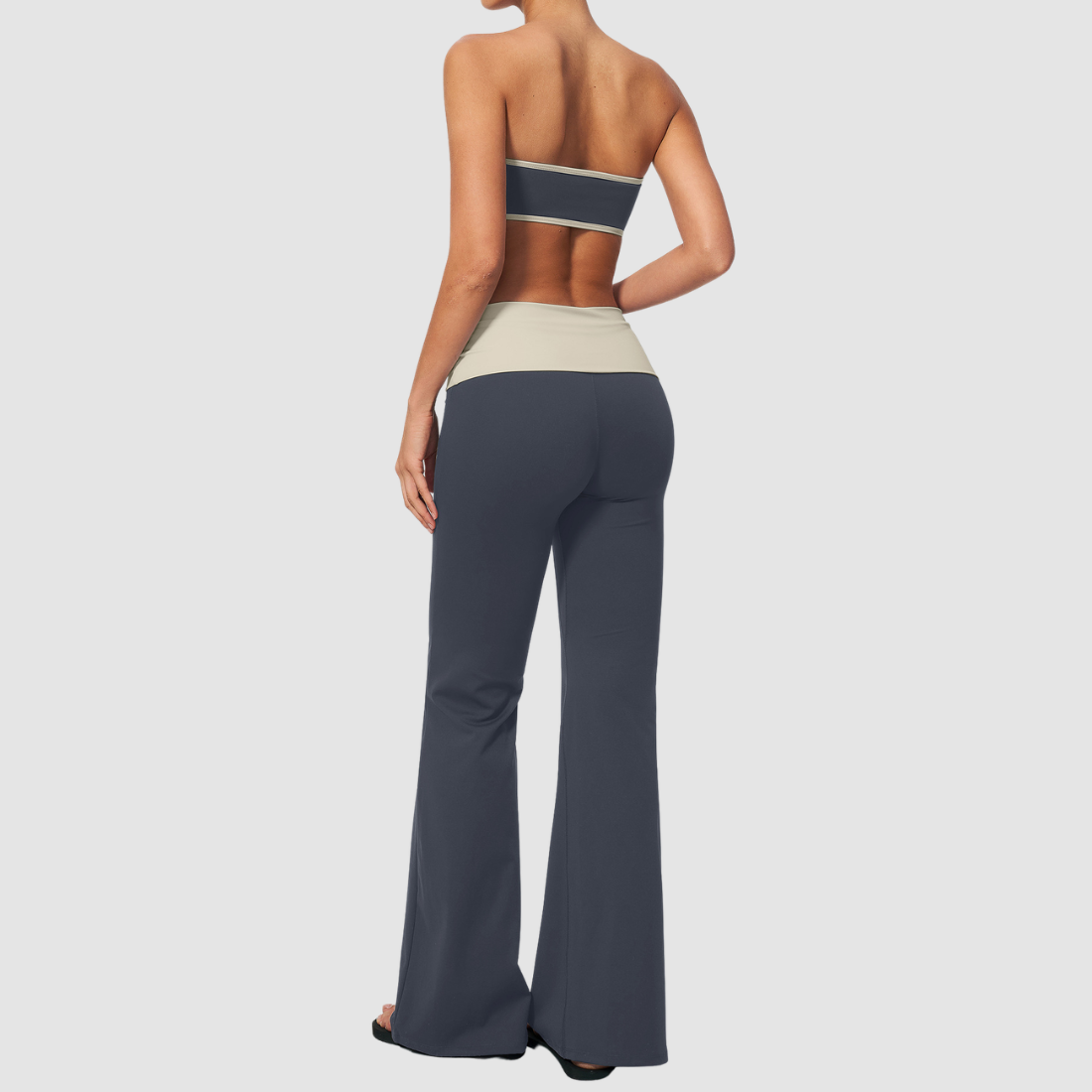 Wholesale Bandeau Contrast Color Flared Yoga Set – Tummy Control Fitness Outfit
