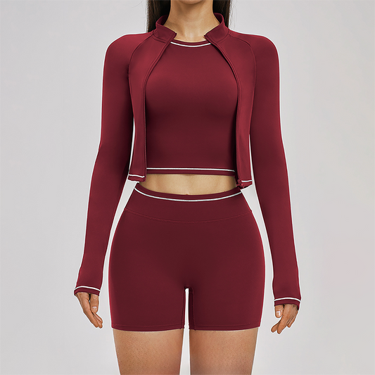 Color blocked Sports jacket+Sport vest+Tight shorts Running fitness 3-piece set