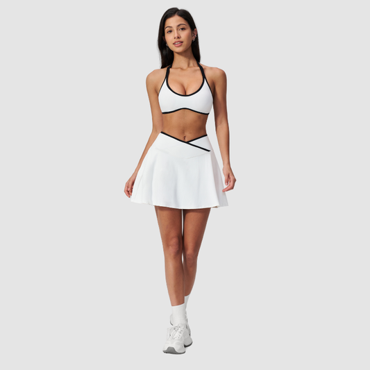 Wholesale Women's Color Block Sports Bra & Anti-Exposure High-Waist Mini Skirt Set – Naked Feel Yoga Gym Activewear