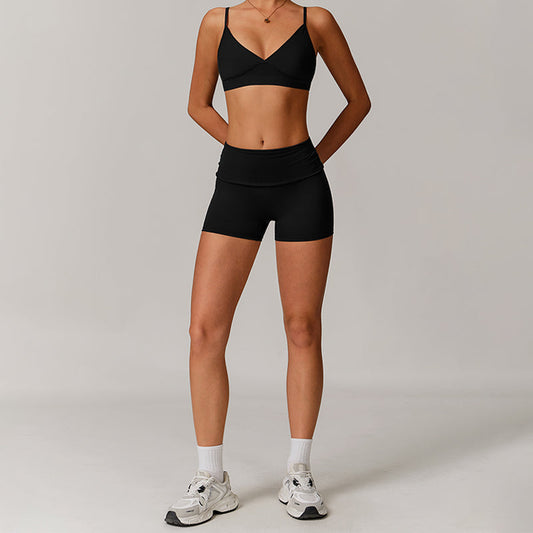 V-shape neck and thin straps sports bras + High-waisted shorts 2-piece set